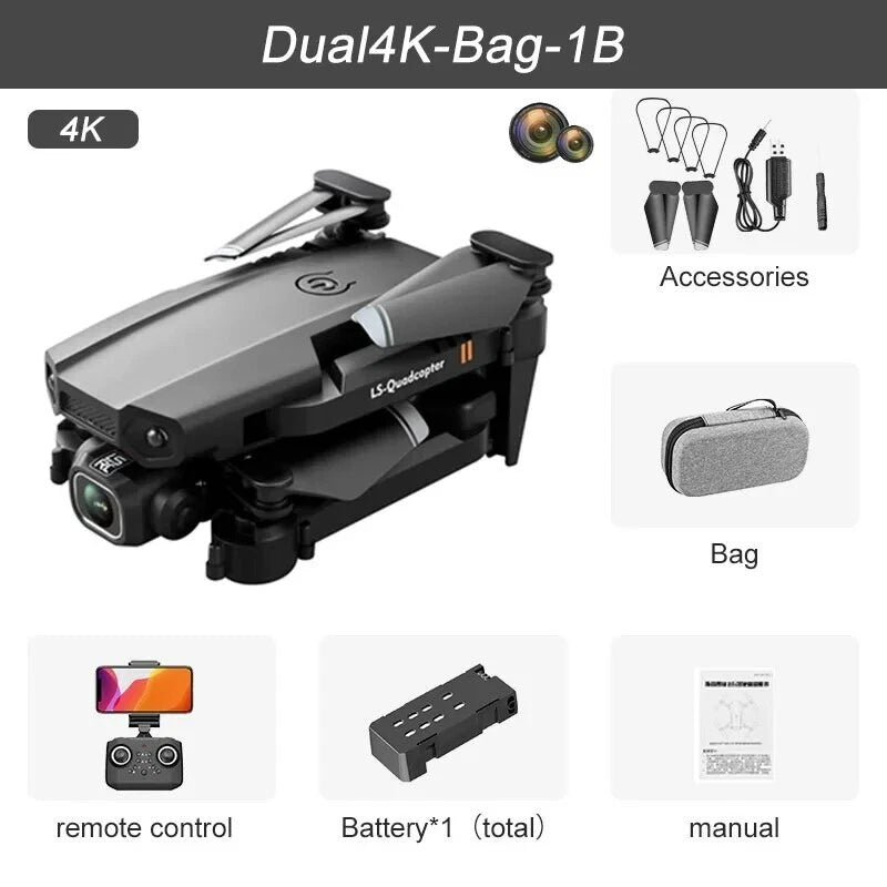 Mini drone kit with gray quadcopter, dual cameras, remote, battery, bag