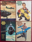 Four vintage Model Airplane News magazine covers with plane illustrations and pilots