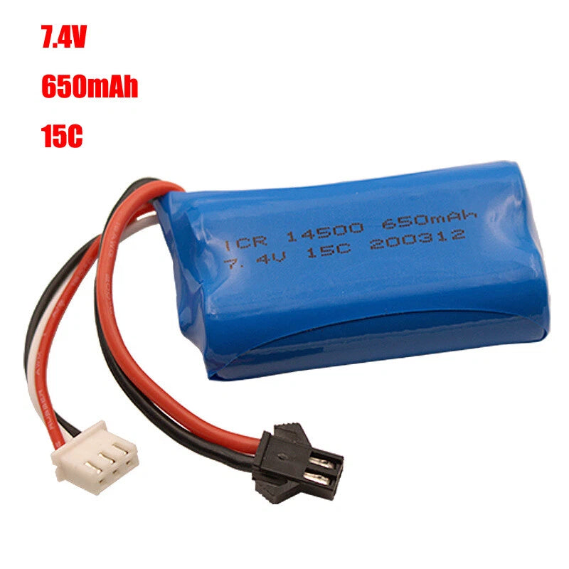7.4V 650mAh Li-Po RC drone battery pack with blue cell, red/black leads, SM plug
