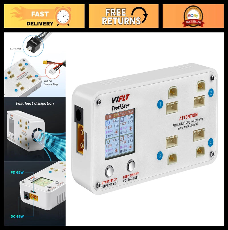 4 Ports 2S LiPo Battery Charger with Storage Mode, RC Balance Charger, JST-XH & Battery