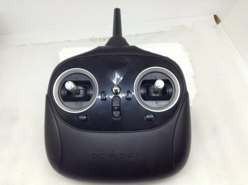 Black drone remote control transmitter with antenna, dual circular thumb controls