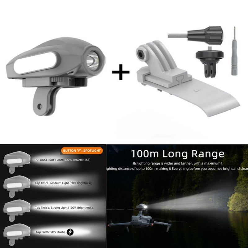 Gray drone night searchlight accessory with spotlight mount and adapter set