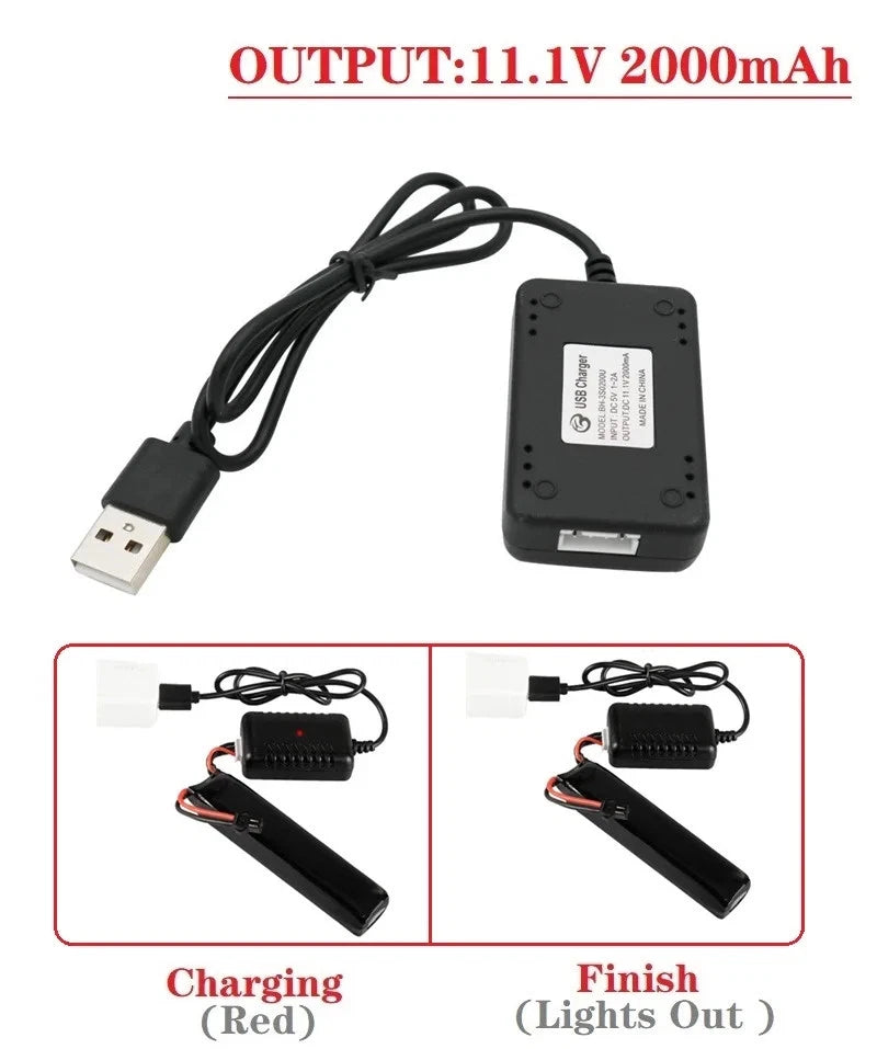 Compact black balance battery charger with USB cable and connector leads
