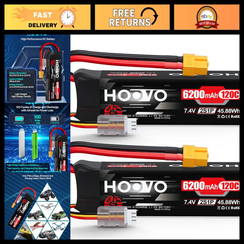 High-Performance 2S Lipo Battery 7.4V 6200mAh 120C RC Softcase XT60 Plug Battery