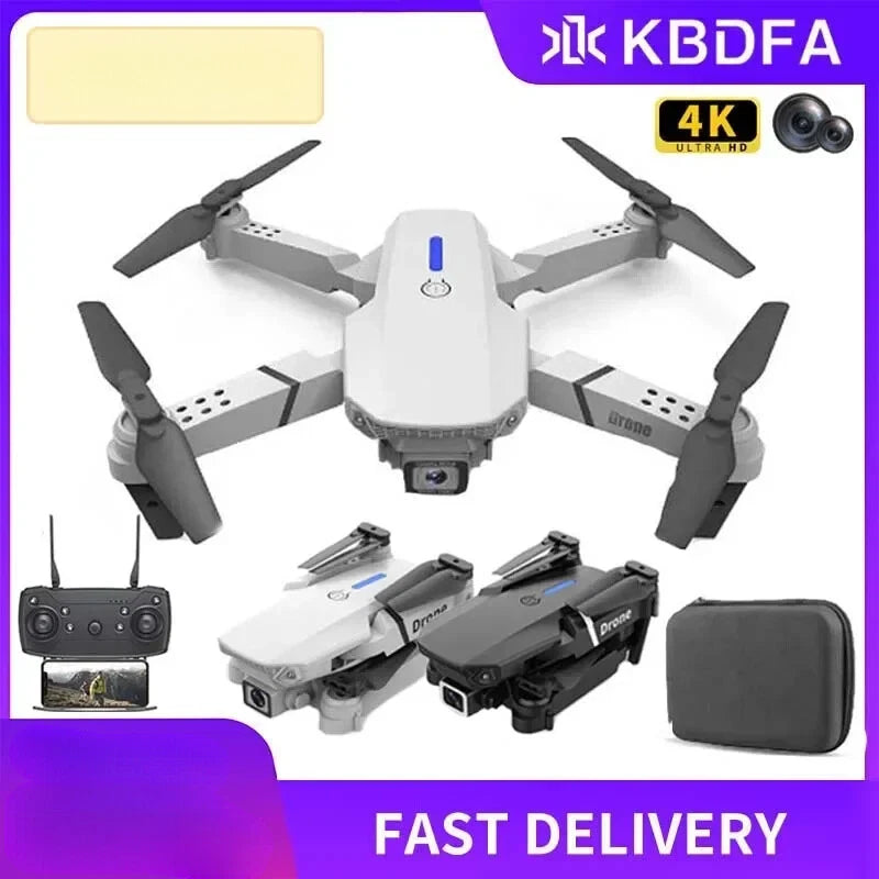 Foldable white quadcopter drone with 4K camera, remote controller, and carrying case