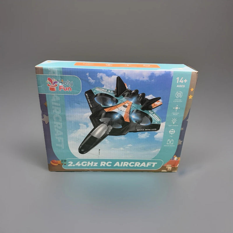 HOLYFUN 2.4GHz RC foam plane drone packaging box with printed black aircraft and LED lights