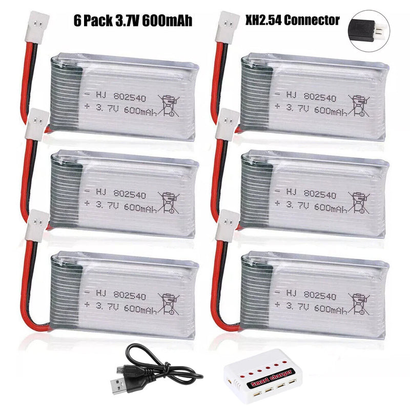 Six-pack 3.7V 600mAh LiPo batteries with XH2.54 connector and USB charger
