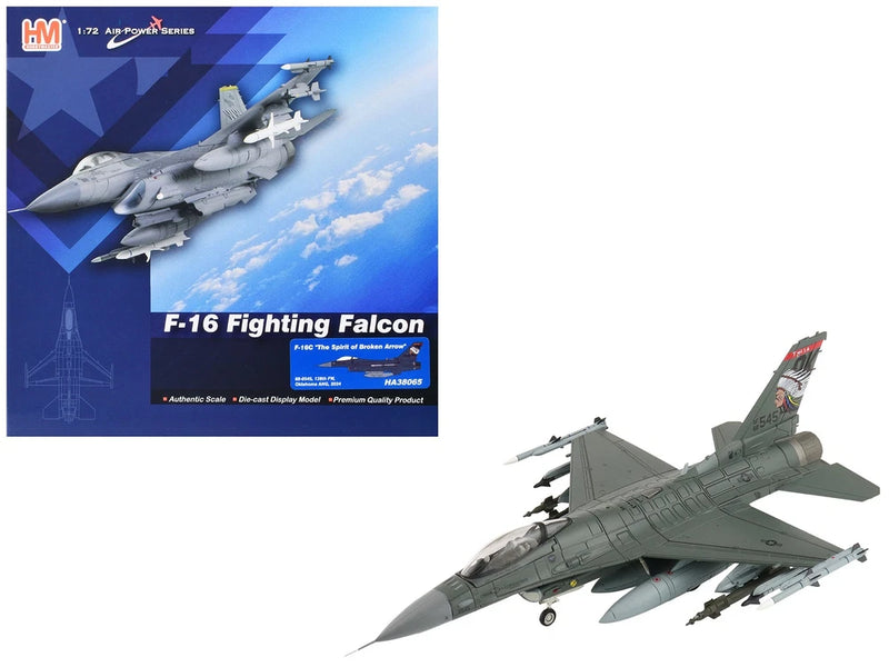 Gray F-16C fighter jet scale model with missiles, shown in angled side view.