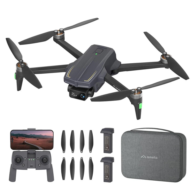Purple quadcopter drone with camera, controller, spare propellers, and storage case