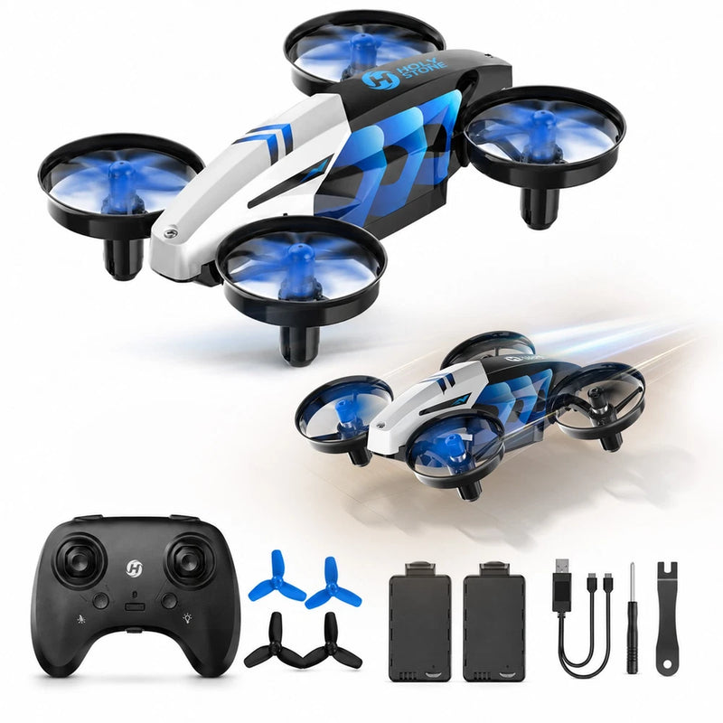 Blue mini quadcopter drone with four propellers and black remote controller