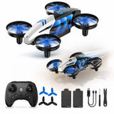 Blue mini quadcopter drone with four propellers and black remote controller