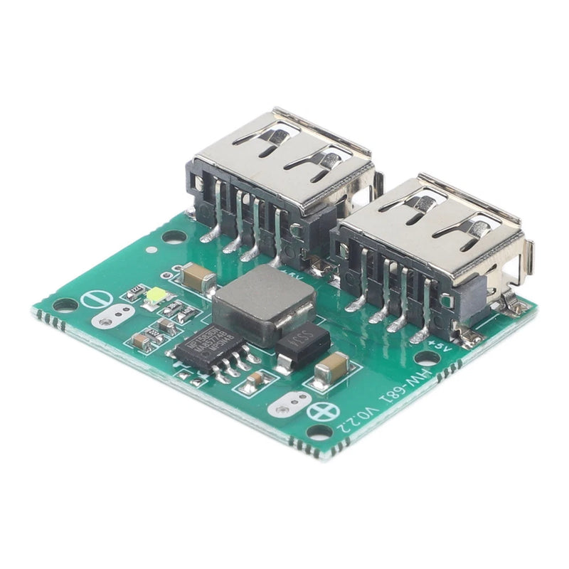 DC step-down converter module with dual USB ports on green circuit board