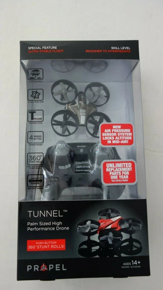 Palm-sized high-performance drone kit in black box, showing propellers and remote