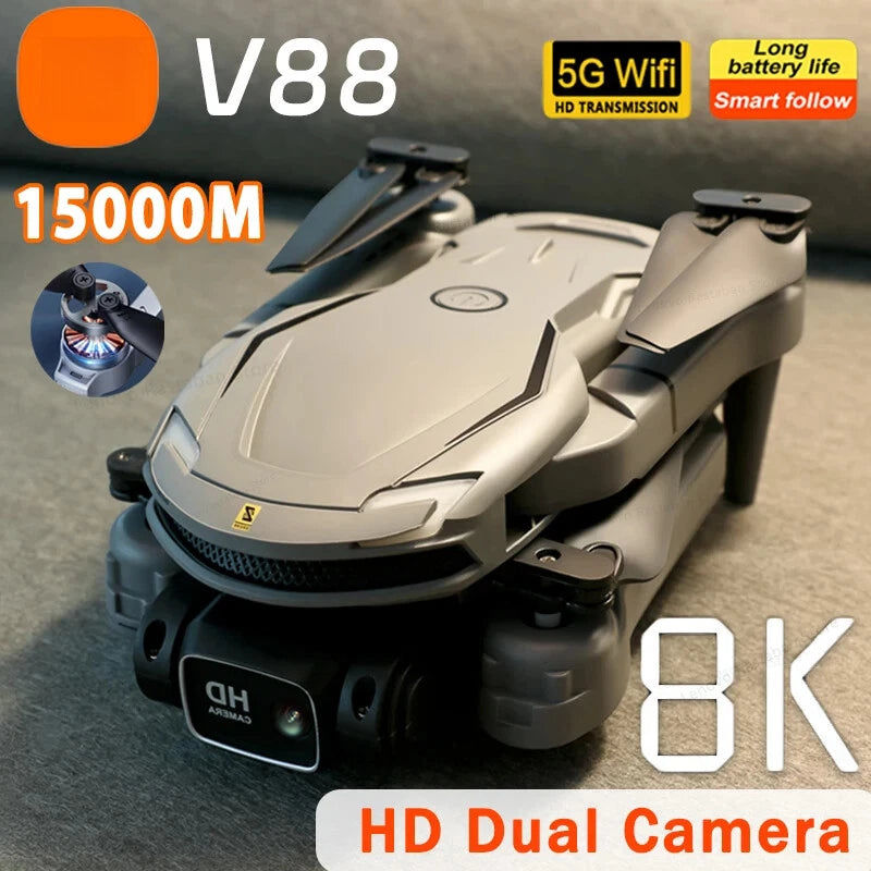 Grey GPS drone with 8K dual camera and front sensors, foldable body