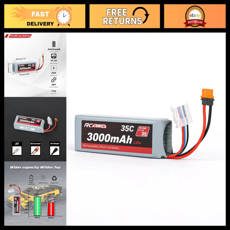 11.1V 3000mAh LiPo Battery 3S 35C with JST Plug & IC2 Connector + Charger for RC Battery