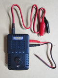 Compact blue HOBBYKING LiPo balance charger with red/black cables and clips