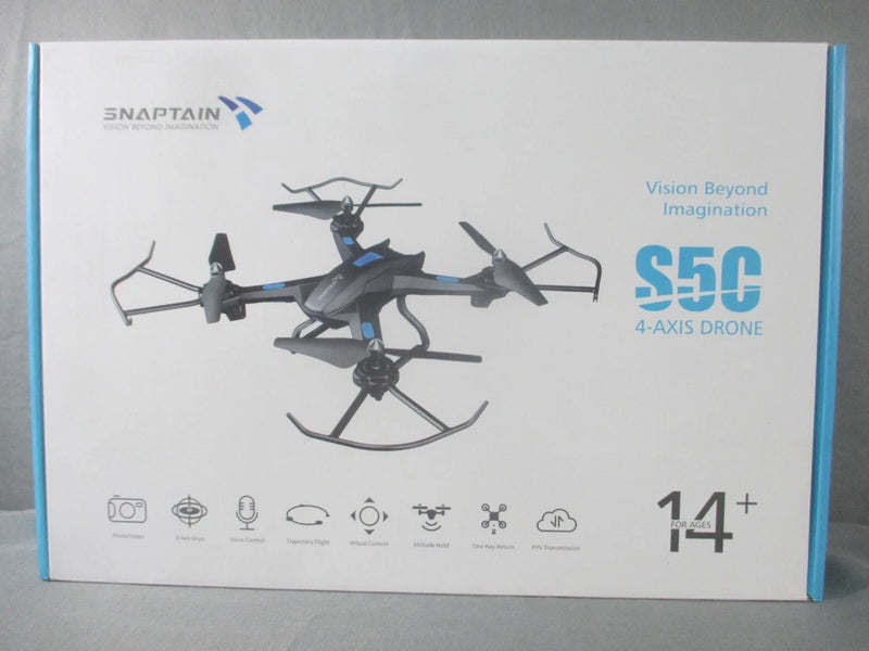 Snaptain S5C 4-axis drone box with printed quadcopter and key features