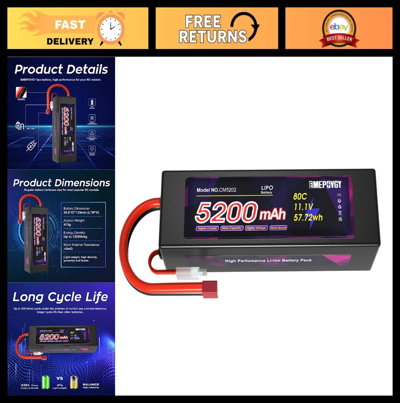 3S 11.1V 5200mAh 80C Lipo Battery Hard Case T Connector for RC Cars & Trucks