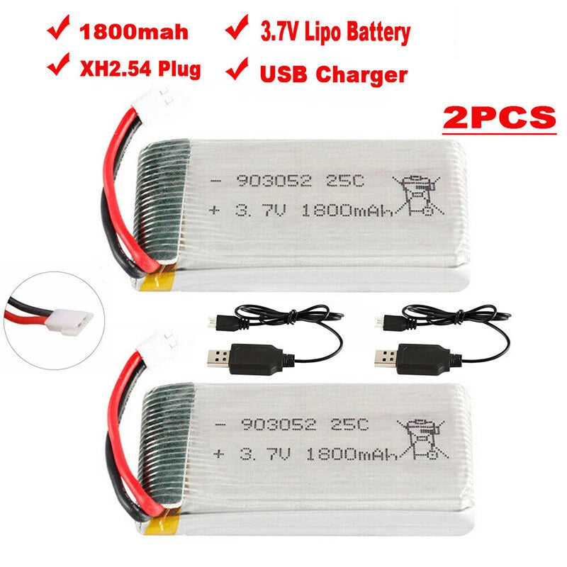 2Pcs 1800mAh 3.7V Lipo battery XH2.54 USB Charger 903052 For RC Quadcopter Drone