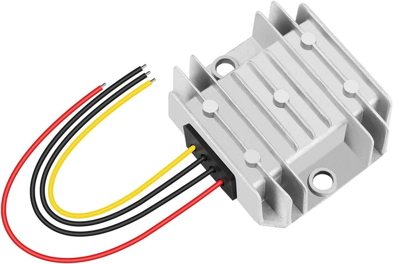 DC-DC buck converter voltage regulator with metal heatsink and red/black/yellow wires