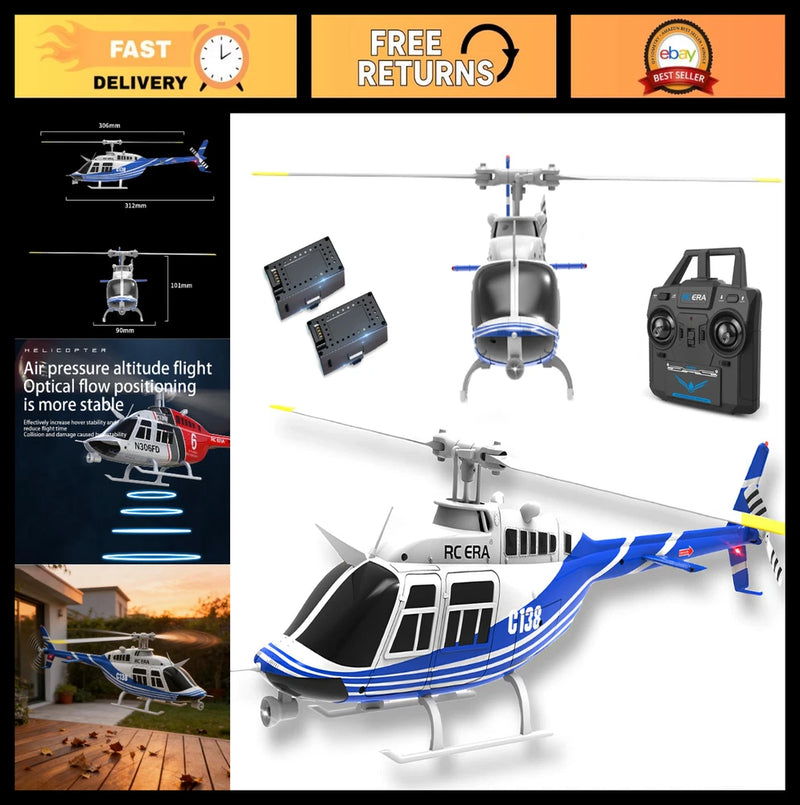 Blue and white RC helicopter drone with attached rotor and handheld remote controller