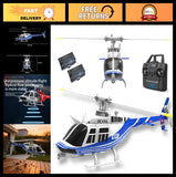 Blue and white RC helicopter drone with attached rotor and handheld remote controller