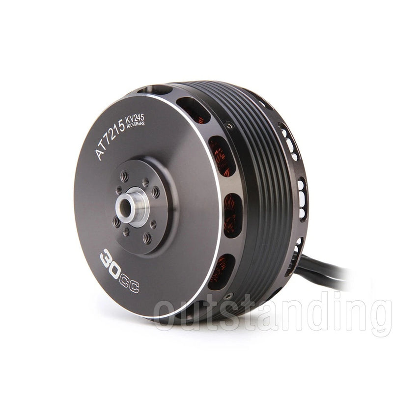 T-Motor brushless drone motor with black cooling fins and mounting hub, with cable