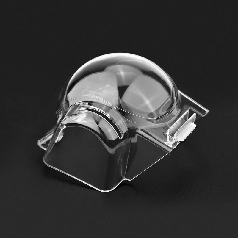 Clear plastic gimbal camera protector cap with hinged tabs and lens opening