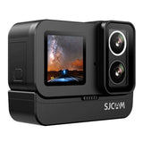 Dark dual-lens action camera with front screen and two rear lenses