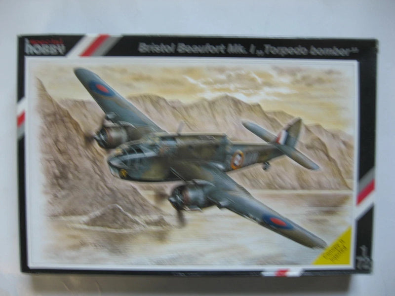 1/72 scale Bristol Beaufort Mk.I torpedo bomber model kit box, aircraft artwork