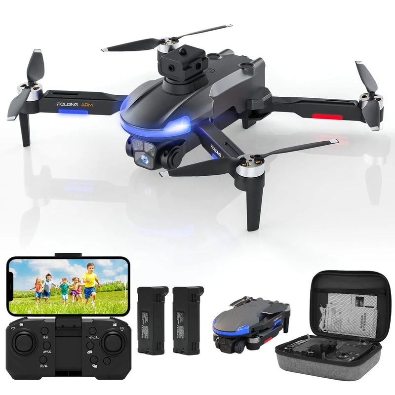 Black quadcopter drone with camera, LED lights, controller and carrying case