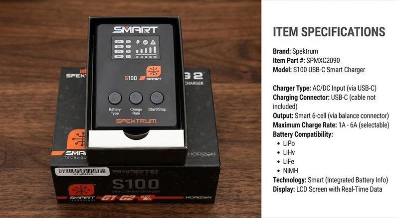 Spektrum SPMXC2090 S100 USB-C Smart Charger 1A-6A LiPo LiHv LiFe NiMH G1 G2 Battery