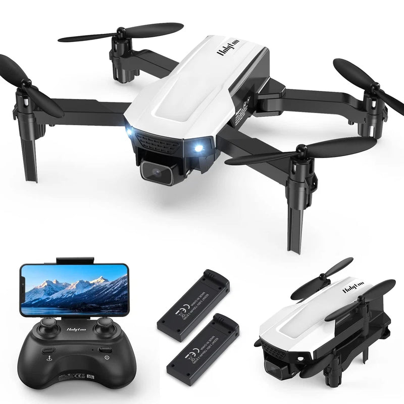 Foldable kids camera drone with white body and black arms, plus controller and two batteries
