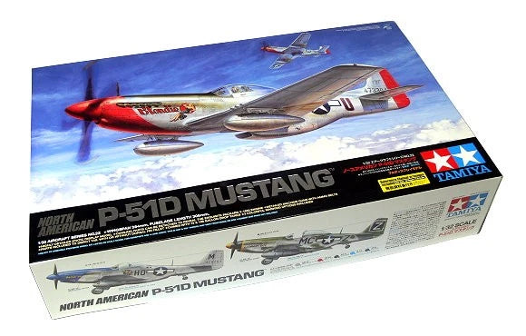 Tamiya 1/32 P-51D Mustang airplane model kit box with aircraft artwork