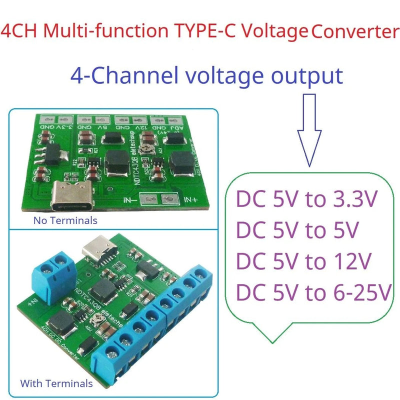 4CH 20W 3.3V 5V 12V ADJ TYPE-C Voltage Converter Boost LDO Buck Power Supply