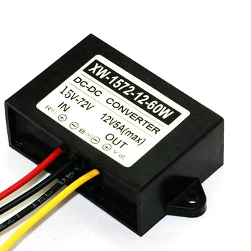 Black DC-DC step-down converter module with label and attached red and yellow/black wires