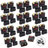 Black dual-banana battery plug connector set with gold terminals and red label