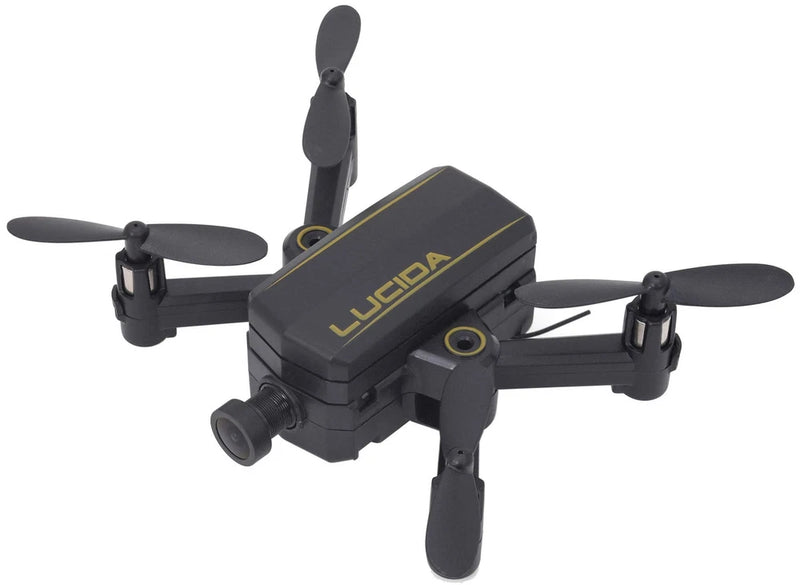 Foldable quadcopter drone with four propellers and front camera lens, dark gray