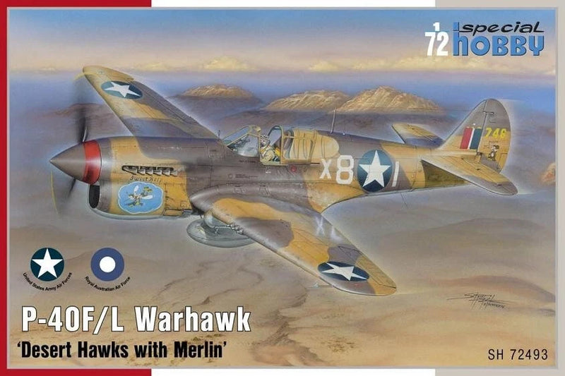 Special Hobby 1:72 P-40F/L Warhawk model kit box art, desert hawks with Merlin