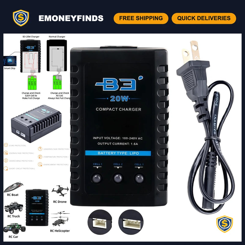 LiPo Battery Charger 2S 3S 7.4-11.1V 20W XH3P XH4P Plug for RC Models & Airsoft Battery