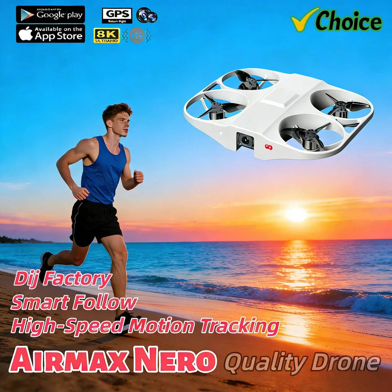 White mini quadcopter drone with four propellers, camera module on front body