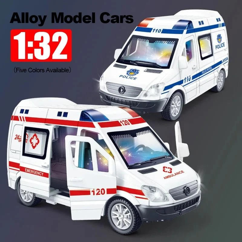 1:32 Mini Car Diecast Ambulance Fire-truck Policecar Model Sound and Light