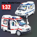 1:32 Mini Car Diecast Ambulance Fire-truck Policecar Model Sound and Light