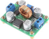 Adjustable DC-DC boost regulator module with copper inductor and screw terminals on green PCB
