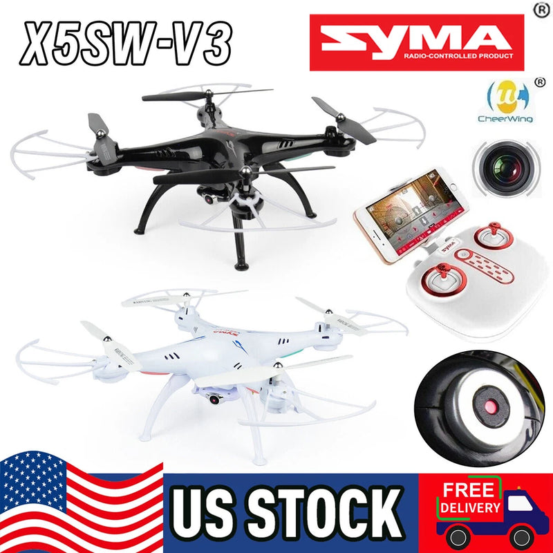 Black quadcopter drone with built-in camera, plus remote controller and screen holder