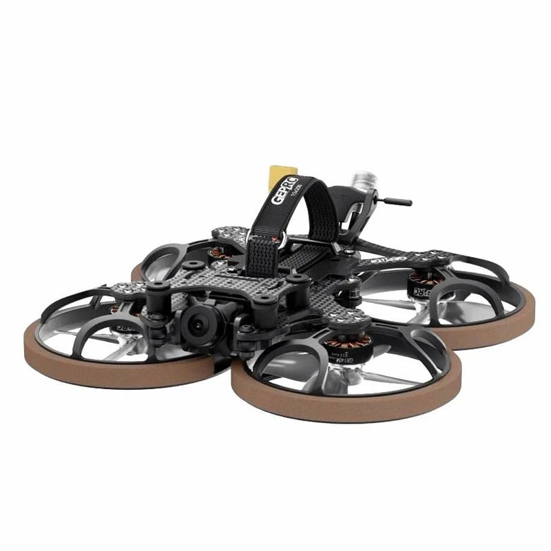 GEPRC FPV quadcopter drone with four propellers, black frame and brown base plate