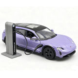 Purple 1:36 diecast model car with charging station, front three-quarter view