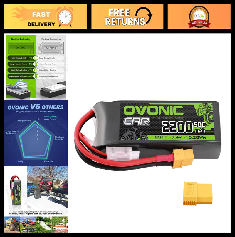 2200mAh 7.4V 2S Lipo Battery 50C Soft Case XT60 TRX Connector for RC Cars, Drone