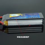 RC battery pack with printed label, red/black leads, black striped cell housing
