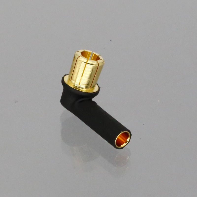 90-degree bullet adapter, 4mm female to 8mm male, gold connector with black housing